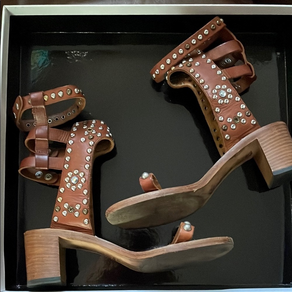 ISABEL MARANT ELVIS Studded Crystal Jeweled Brown Leather Sandals Heels 10 41 - Picture 3 of 8